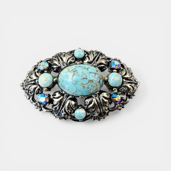 Vintage 1950s Czech Glass Turquoise Brooch, Ornate Silver Tone Filigree Pin - Picture 4 of 5